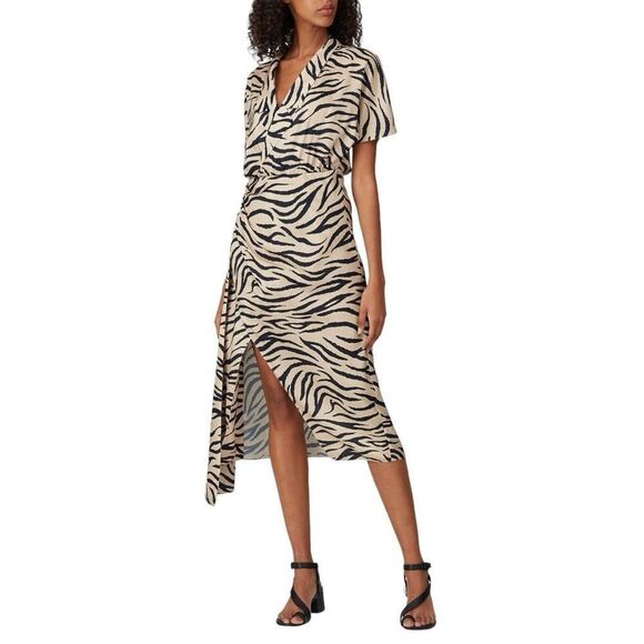 Sally LaPointe Zebra Short Sleeve Drop Collar Faux Wrap Dress Black Tan Size 4 - Picture 1 of 16